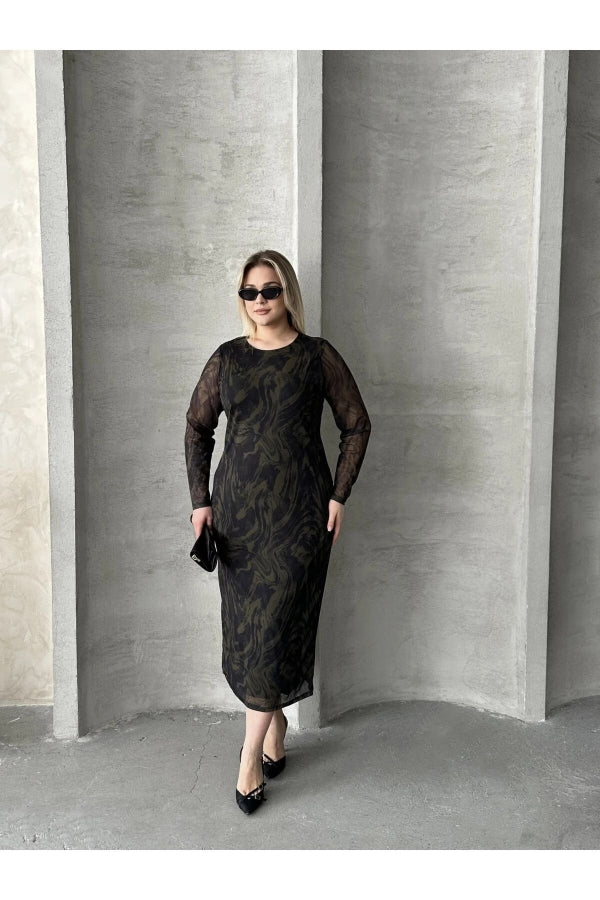 Büyük Beden Uzun Tül Kol Astarlı Mesh Midi Elbise 216292 Vervegrand