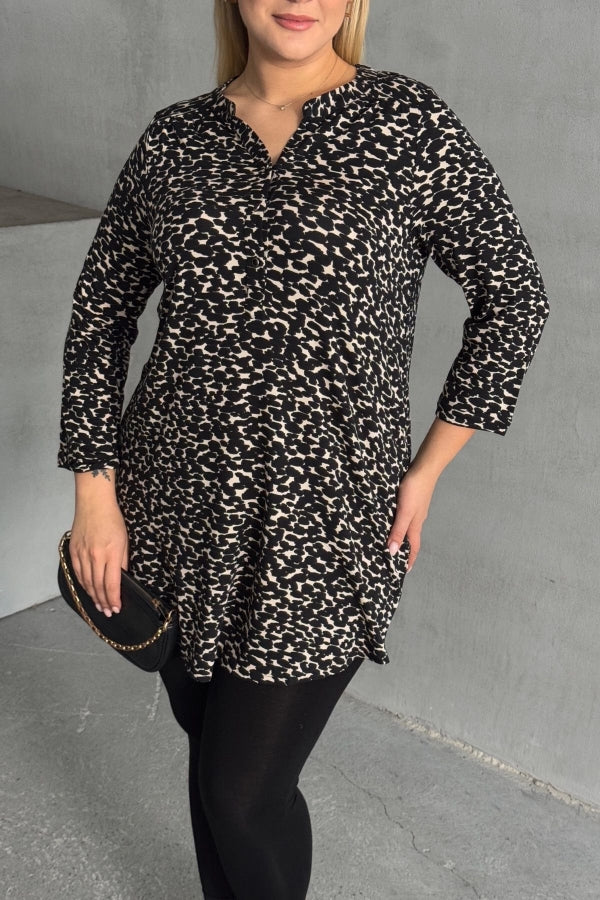 Büyük Beden Gömlek Yaka Yarım Kollu Desenli Esnek Bluz 322268 Vervegrand