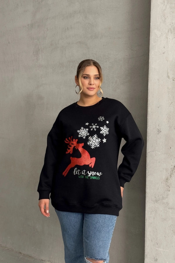 Vervegrand büyük beden yılbaşı temalı siyah sweatshirt ön görünüm
