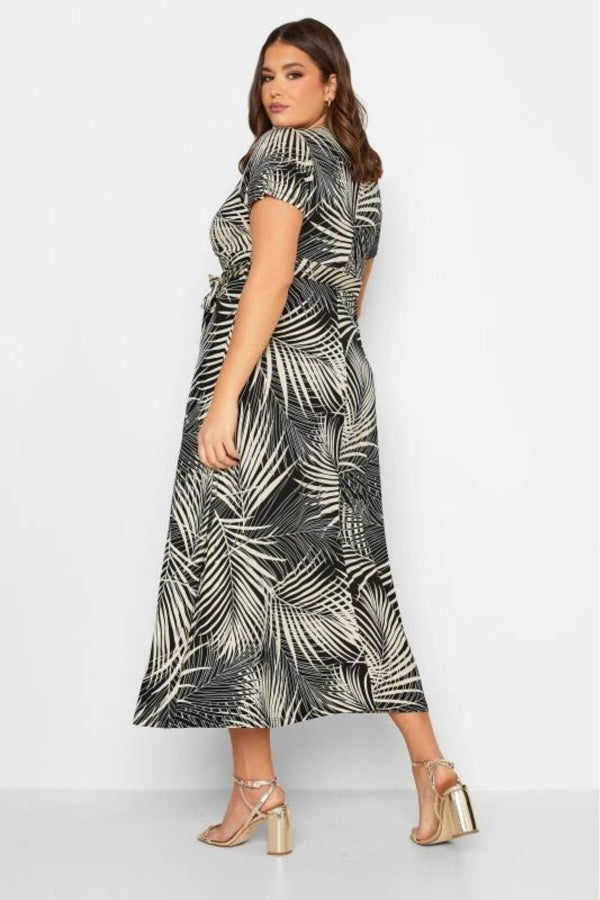 Büyük Beden Palmiye Desenli V Yaka Yarım Kollu Kuşaklı Elbise 301599 Vervegrand