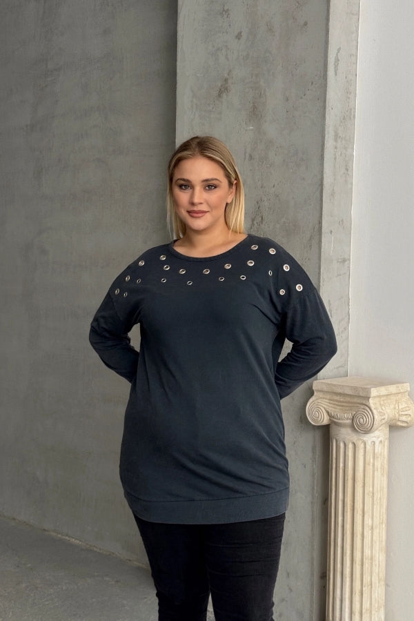 Büyük Beden Uzun Kollu Kuşgözü ve Sırt Dekolte Detaylı Sweatshirt 303870 Vervegrand