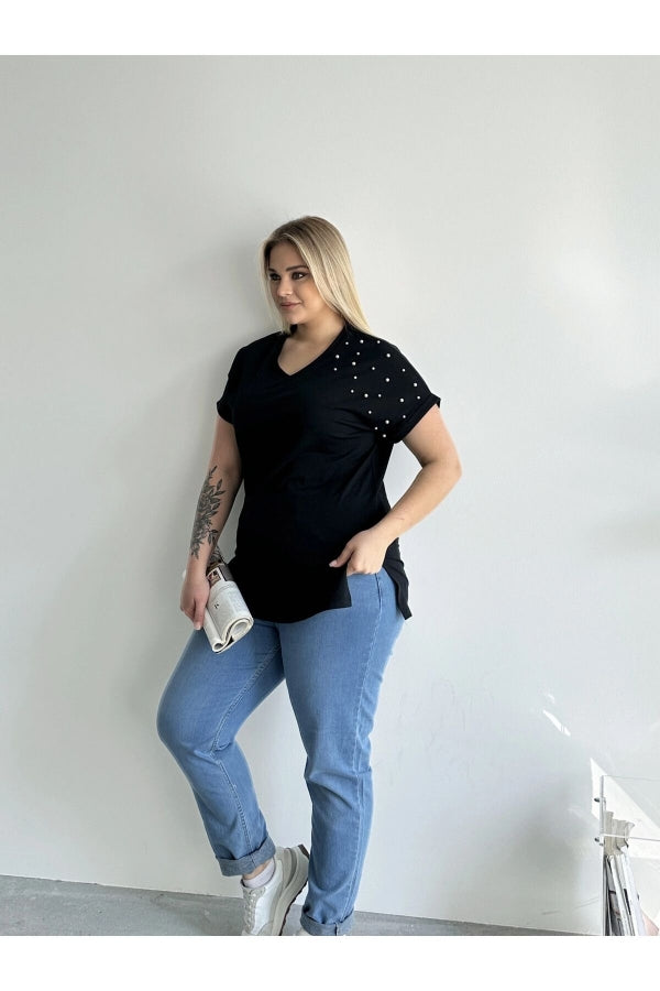 Büyük Beden Kısa Kollu V Yaka Yanları Yırtmaçlı Boncuklu Basic T-shirt RFT-04 Vervegrand