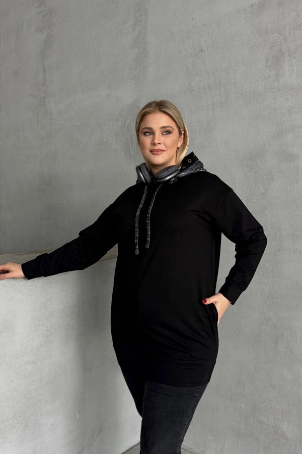 Büyük Beden Uzun Kollu Kapüşonu Desenli Cepli Sweatshirt 106-92 Vervegrand