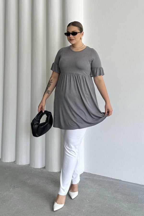 Büyük Beden Kol Detaylı Beli Lastikli Pileli Tunik T-shirt T43 Vervegrand