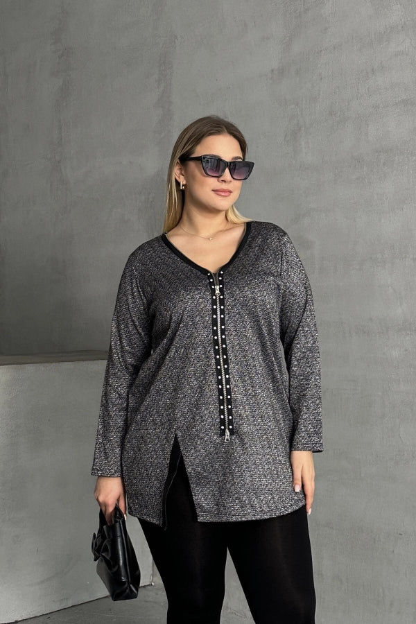 Büyük Beden V Yaka Önü Fermuarlı Yırtmaç Detaylı Bluz 173670 Vervegrand
