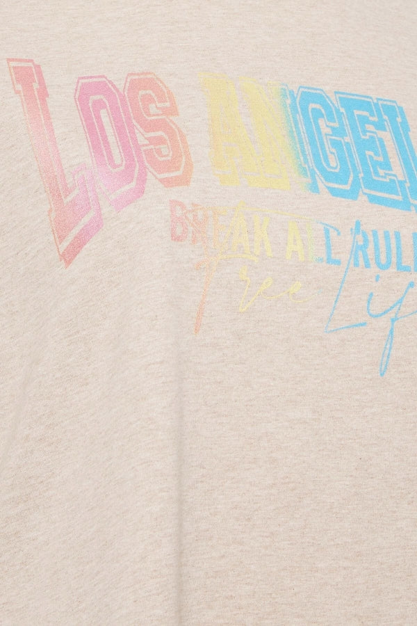 Büyük Beden Bisiklet Yaka Kısa Kollu Yırtmaç Detaylı Baskılı T-shirt 302202 Vervegrand