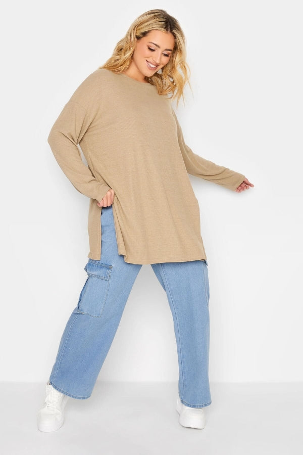 Büyük Beden Yırtmaç Detaylı Uzun Kesim Bisiklet Yaka Triko Bluz 301699 Vervegrand