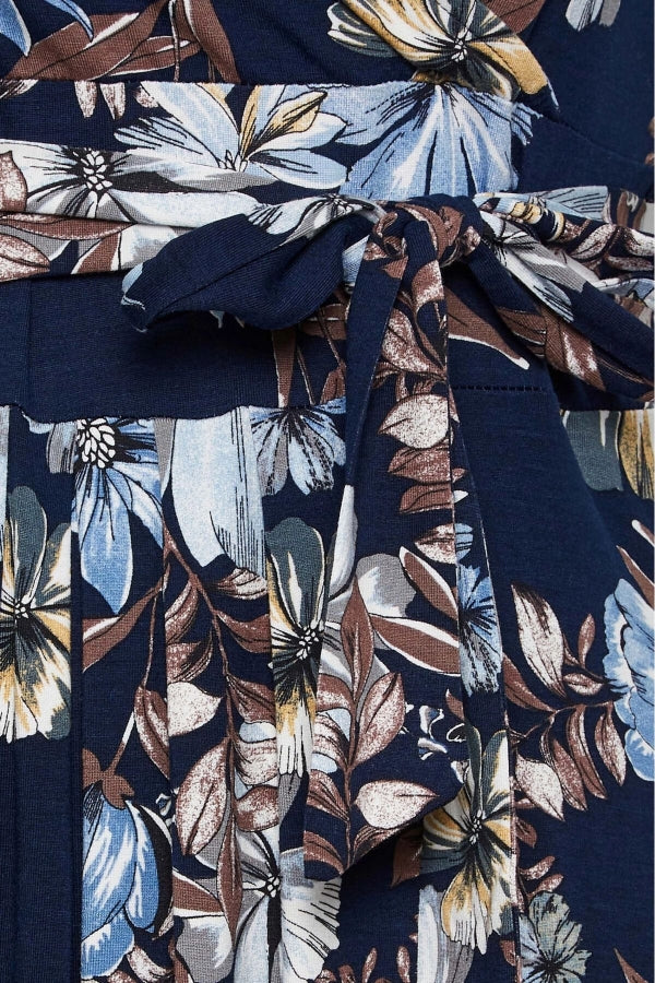 Büyük Beden V Yaka Kısa Kollu Kuşaklı Desenli Uzun Elbise 301784 Vervegrand