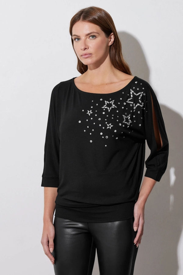 Geniş Bisiklet Yaka Yarım Kollu Yıldız Taş İşlemeli Beli Lastikli Bluz 110695 Vervegrand