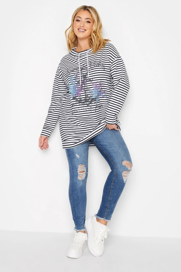 Vervegrand büyük beden çizgili çapa baskılı sweatshirt yakın çekim