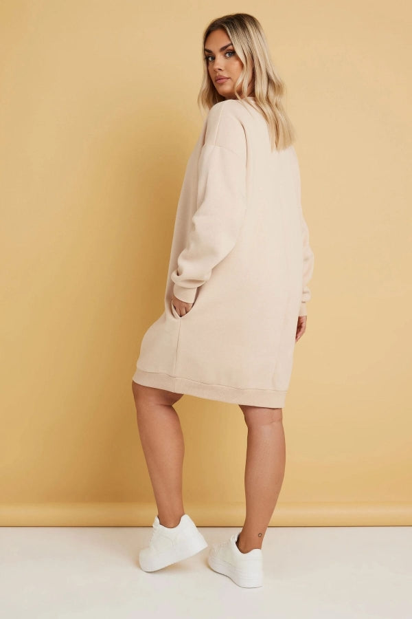 Büyük Beden Bisiklet Yaka Uzun Kollu Cepli Şardonlu Sweastshirt Elbise 304038 Vervegrand