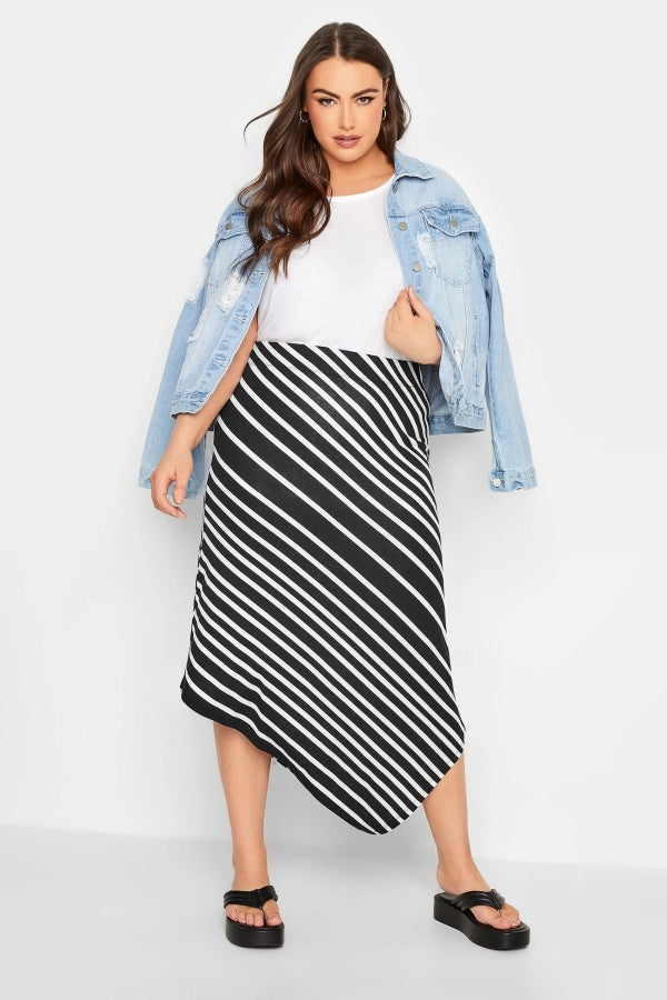 Vervegrand büyük beden asimetrik kesim siyah beyaz çizgili midi etek