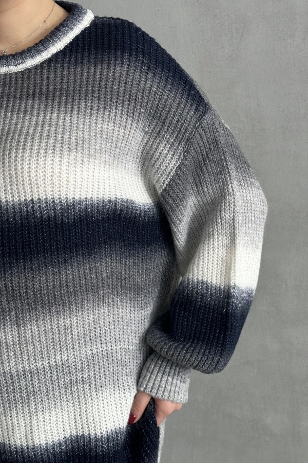 Büyük Beden Uzun Kollu Bisiklet Yaka Renk Bloklu Yırtmaçlı Triko Kazak 302345 Vervegrand