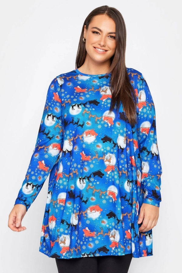 Büyük Beden Yılbaşı Temalı Bisiklet Yaka Uzun Kollu Uzun Kesim Bluz 321244 Vervegrand