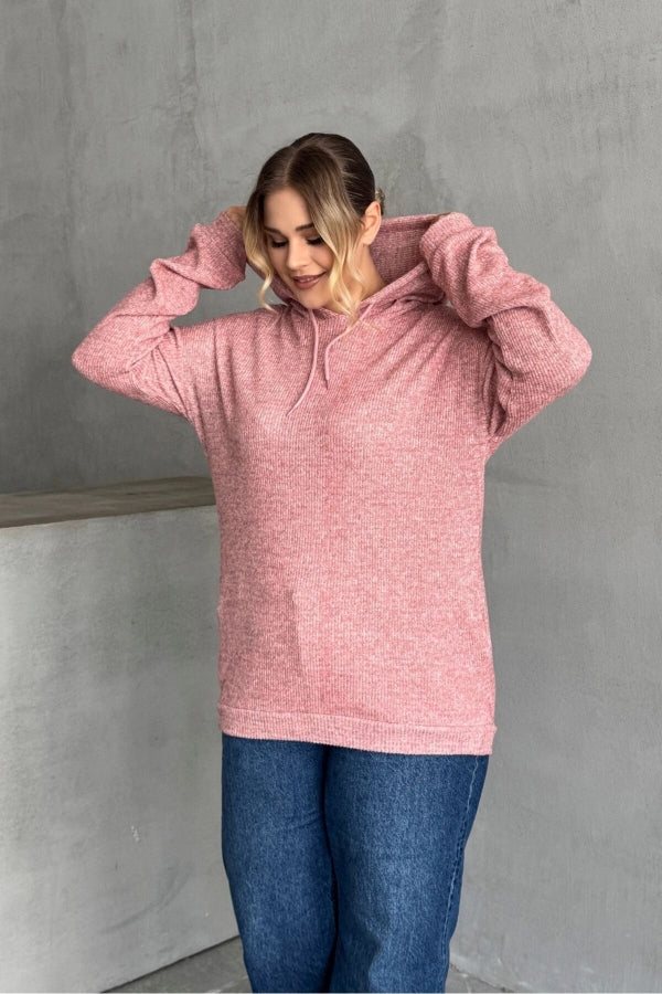 Büyük Beden Uzun Kollu Kapüşonlu Yanları Cepli İnce Örme Sweatshirt 300373 Vervegrand