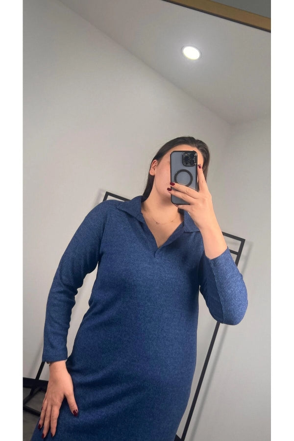 Büyük Beden Polo Yaka Yırtmaç Detaylı Midi Boy Triko Elbise 301514 Vervegrand