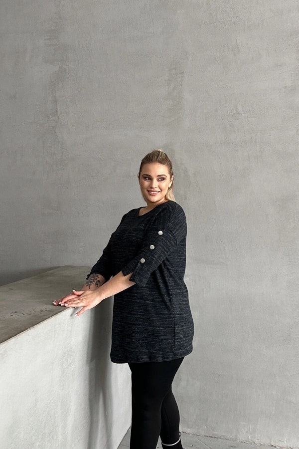 Büyük Beden Yarım Kollu Bisiklet Yaka Düğme Detaylı Kırçıllı Kazak 303691 Vervegrand