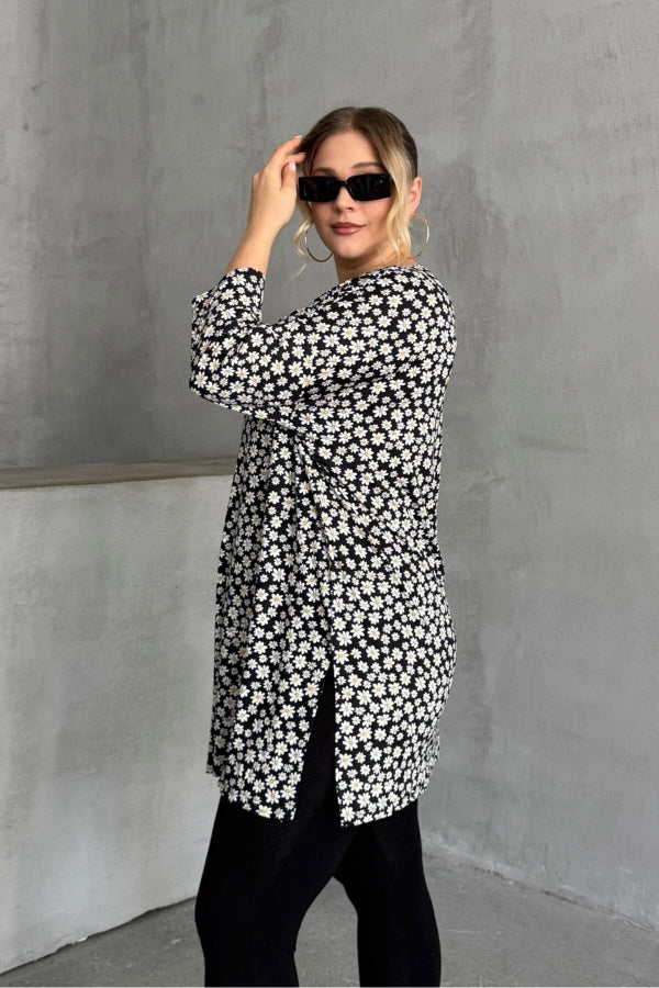 Büyük Beden Bisiklet Yaka Fakir Kol Yırtmaç Detaylı Çiçek Desenli Bluz 173292 Vervegrand