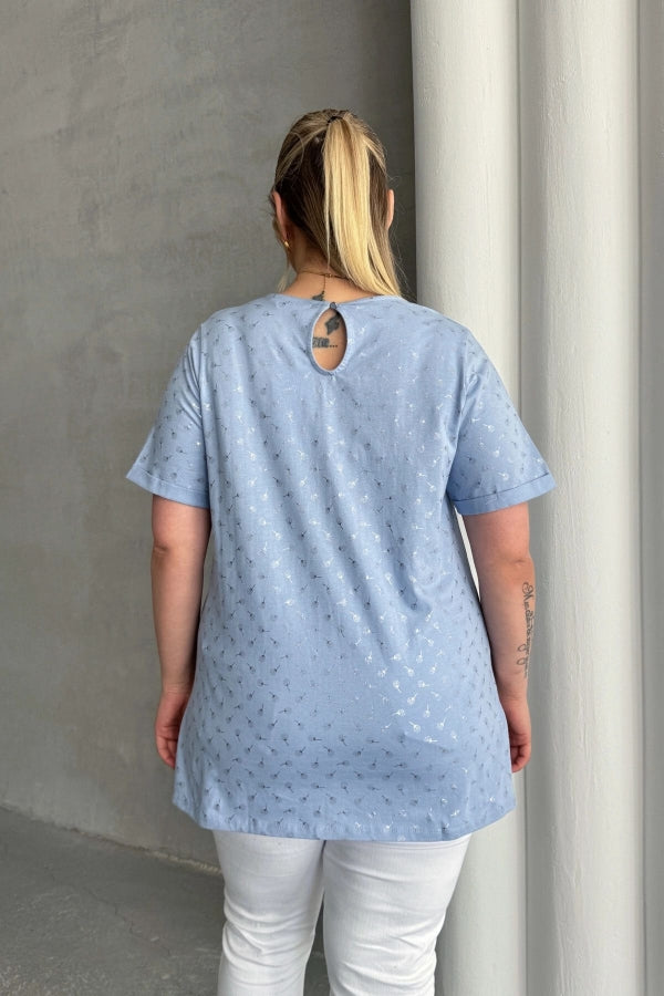 Büyük Beden Kısa Kollu V Yaka Yanları Yırtmaçlı Metalik Baskılı T-shirt 97-46 Vervegrand