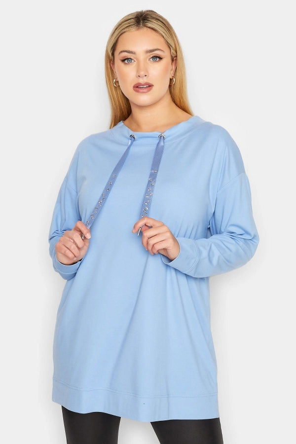 Vervegrand büyük beden yıldız işlemeli ipli yaka mavi sweatshirt