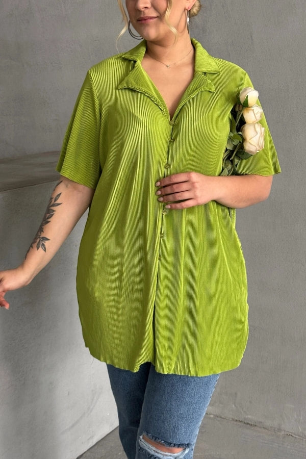 Büyük Beden Kısa Kollu Önü Düğmeli Fitilli İnce Gömlek 300738 Vervegrand