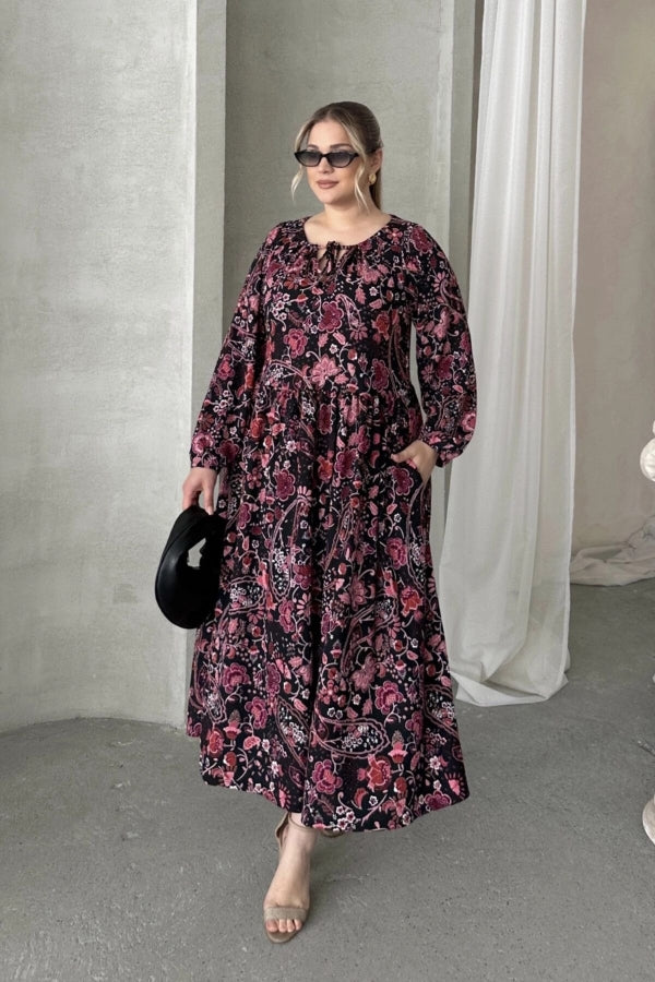 Büyük Beden Önü Bağlamalı Desenli Uzun Kollu Midi Elbise 615699 Vervegrand