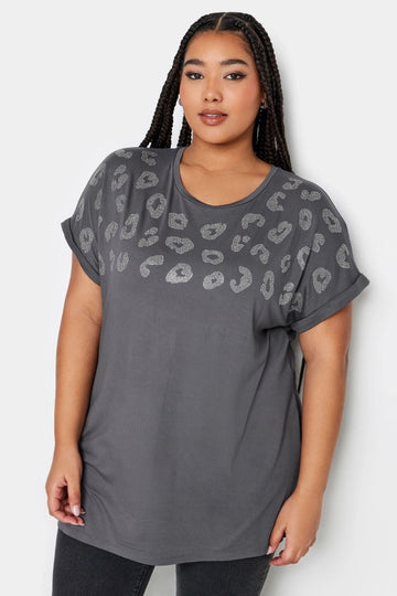 Büyük Beden Pul Detaylı Leopar Desenli Antrasit T-Shirt