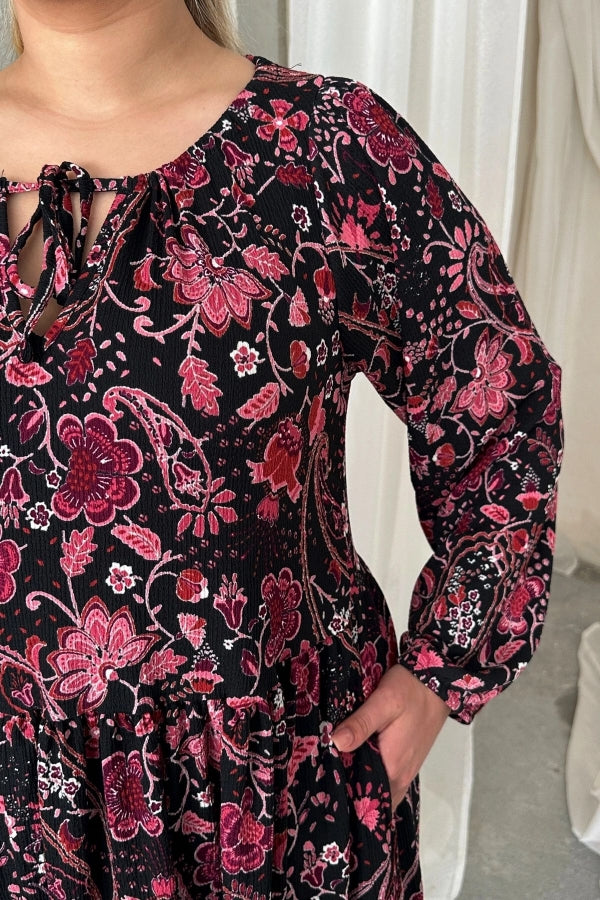 Büyük Beden Önü Bağlamalı Desenli Uzun Kollu Midi Elbise 615699 Vervegrand