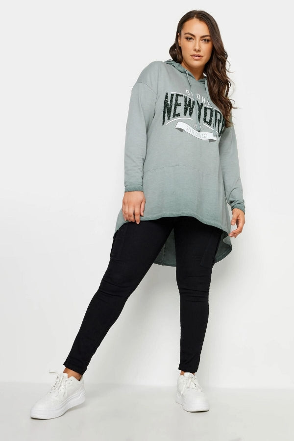 Büyük Beden Uzun Kollu Arkası Uzun Baskılı Yıkamalı Kapüşonlu Sweatshirt 302683 Vervegrand