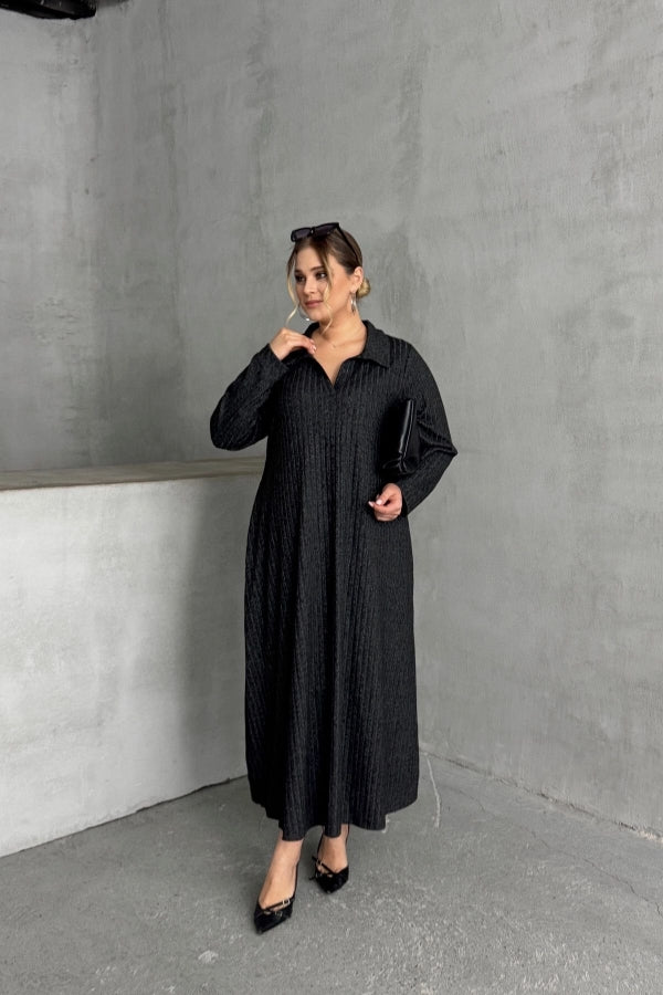 Büyük Beden V Yaka Uzun Kollu Fitilli Eteği Bollaşan Uzun Elbise 322181 Vervegrand