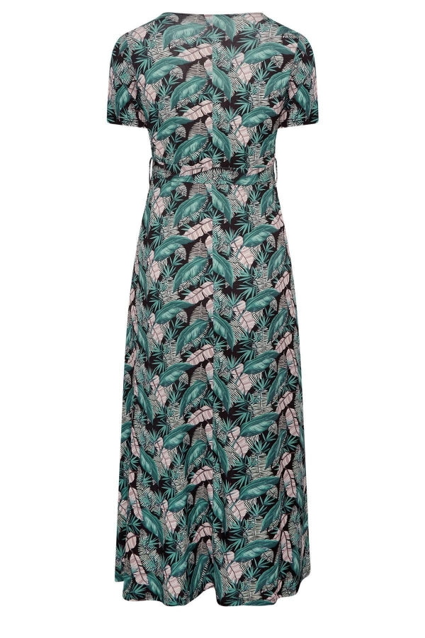 Büyük Beden V Yaka Desenli Kuşaklı Likralı Yarım Kol Anvelop Elbise 302162 Vervegrand