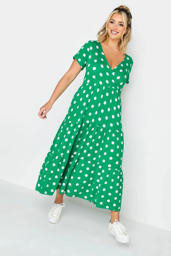 Büyük Beden V Yaka Puantiyeli Midi Boy Yarım Kollu Elbise 302352 Vervegrand