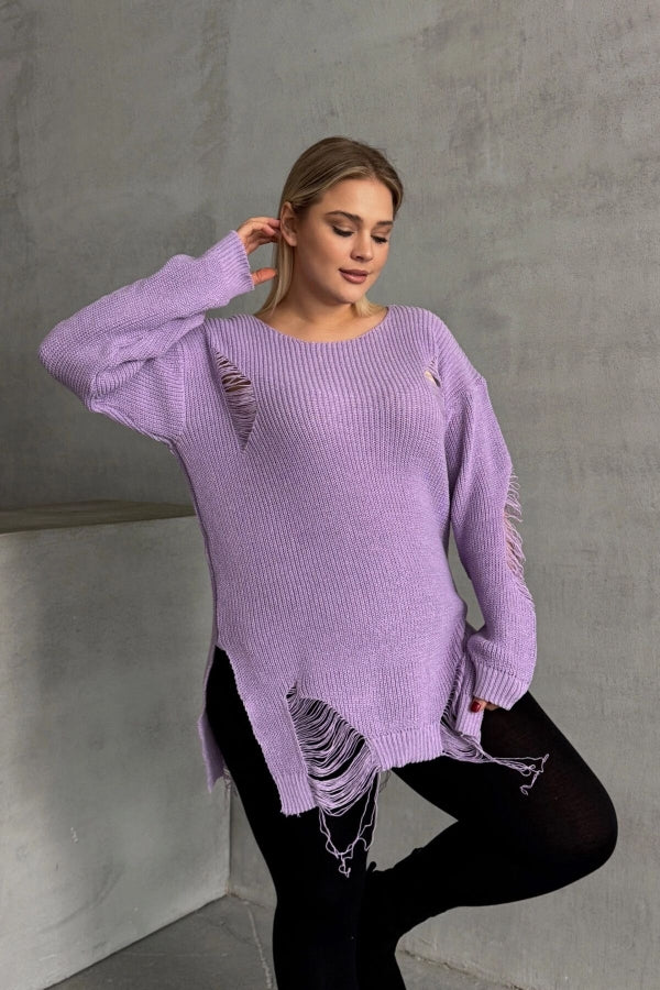 Büyük Beden Uzun Kollu Bisiklet Yaka Yırtık Detaylı Triko Kazak T-3 Vervegrand