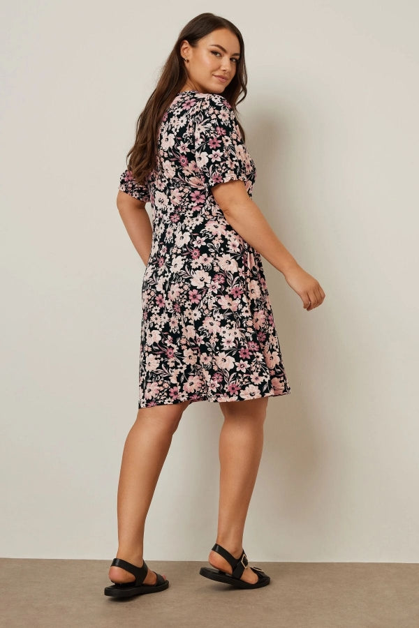 Büyük Beden V Yaka Kısa Kollu Çiçek Desenli Mini Elbise 137983 Vervegrand