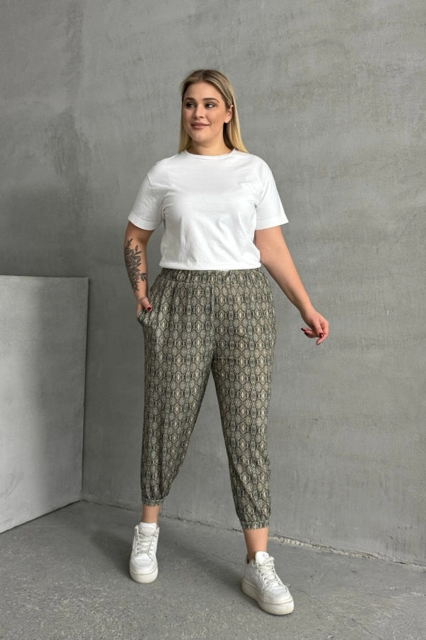 Büyük Beden Beli ve Paçası Lastikli Desenli Cepli Pantolon 303301 Vervegrand