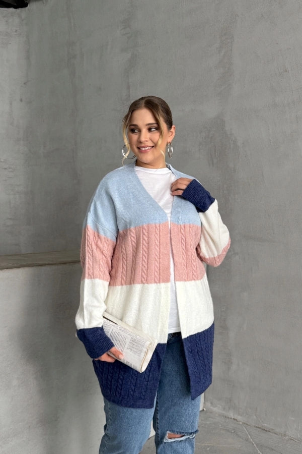 Büyük Beden Uzun Kollu Önü Kapamasız Renk Bloklu Triko Hırka 302147 Vervegrand