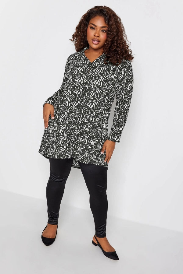 Büyük Beden Soyut Baskılı Düğmeli Uzun Kollu Uzun Kesim Gömlek 302650 Vervegrand