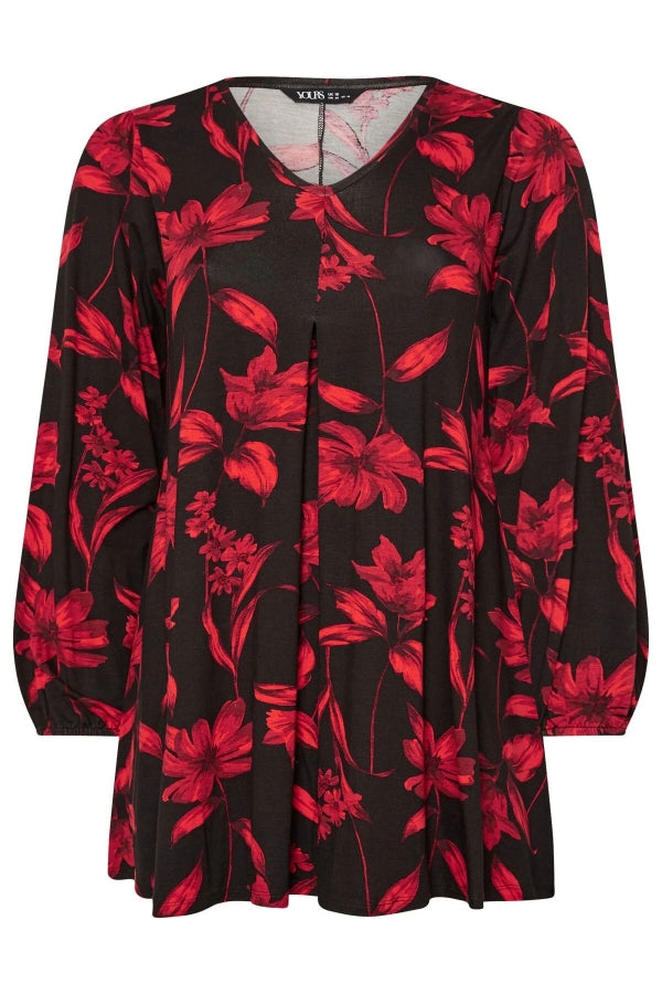 Büyük Beden Uzun Kollu V Yaka Önü Pileli Çiçek Desenli Bluz 303721 Vervegrand