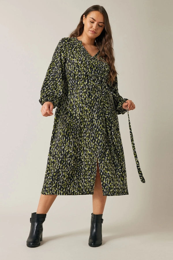 Büyük Beden V Yaka Kolları Lastikli Yırtmaç Detaylı Midi Boy Elbise 615628 Vervegrand