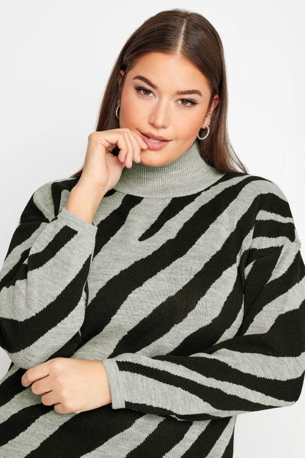 Büyük Beden Zebra Desenli Uzun Kollu Balıkçı Yaka Kazak 302341 Vervegrand