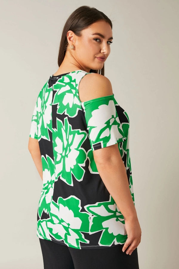 Büyük Beden Açık Omuz Detaylı V Yaka Kısa Kollu Desenli Bluz 615404 Vervegrand