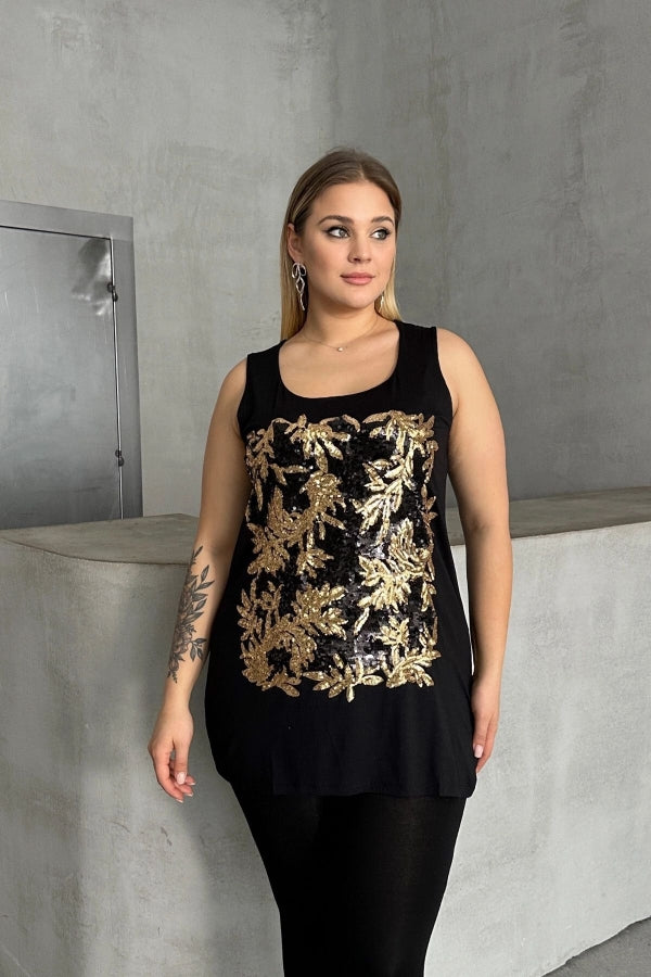 Büyük Beden Bisiklet Yaka Kolsuz Payetli Bluz 303102 Vervegrand