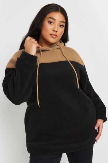 Büyük Beden Uzun Kollu Kapüşonlu ve Cepli Peluş Sweatshirt 303796 Vervegrand