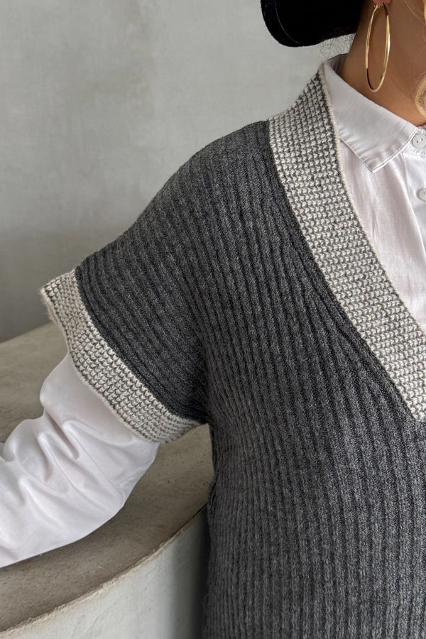 Büyük Beden V Yaka Kısa Kollu Triko Süveter 302138 Vervegrand