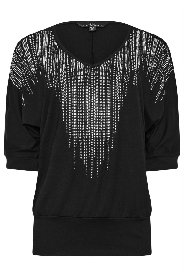 V Yaka Yarım Kollu Yakası Taş İşlemeli Beli Lastikli Omuz Detaylı Bluz 110690 Vervegrand