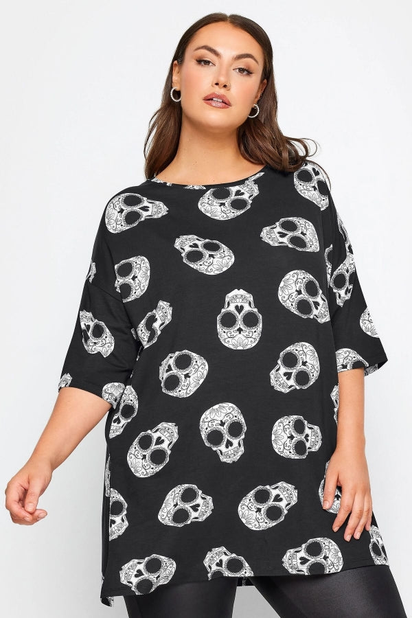 Büyük Beden Bisiklet Yaka Kuru Kafa Baskılı Yarım Kollu T-shirt 321252 Vervegrand