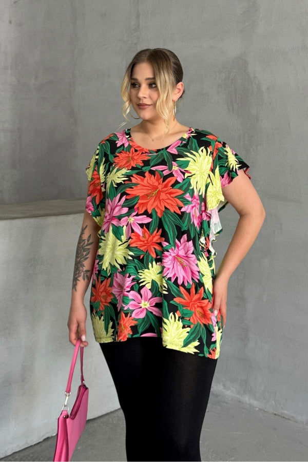 Büyük Beden Bisiklet Yaka Kolları Fırfır Detaylı Çiçek Desenli Bluz 1060 Vervegrand