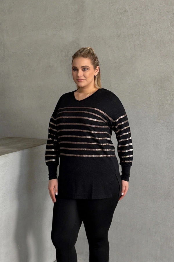 Büyük Beden Uzun Kollu V Yaka Bilekleri Lastikli Bluz 302910 Vervegrand