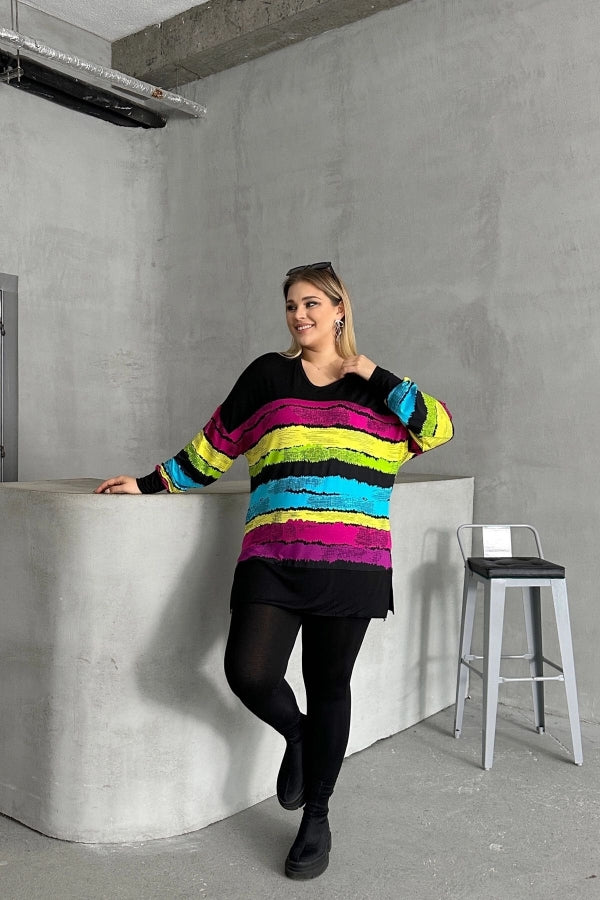 Büyük Beden V Yaka Çizgili Yanları Yırtmaçlı Uzun Kollu Bluz 302014 Vervegrand