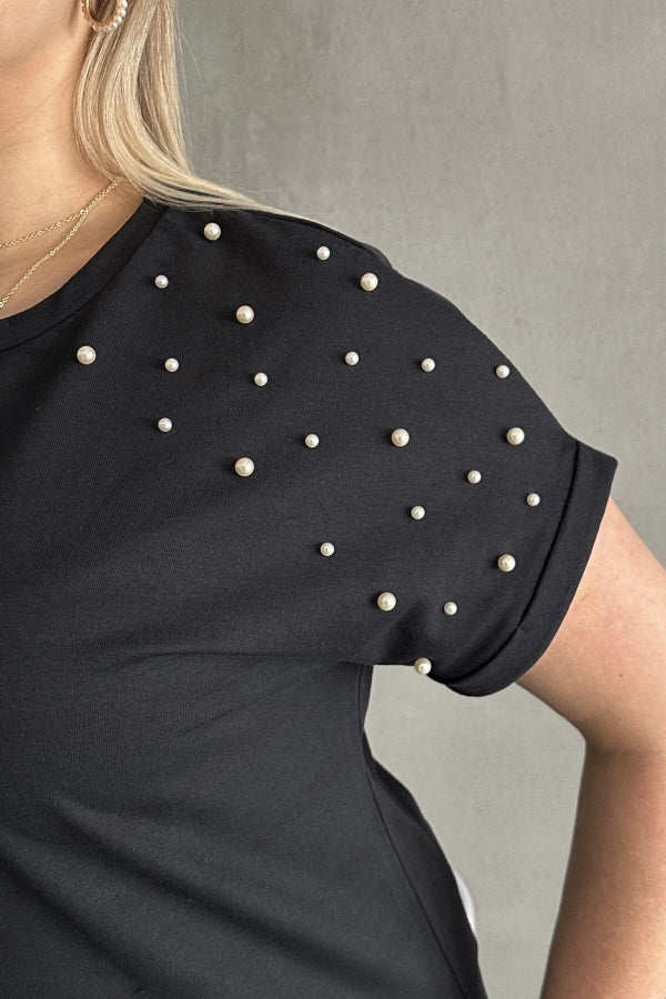 Büyük Beden Kısa Kollu Bisiklet Yaka Yanları Yırtmaçlı Boncuklu Basic T-shirt RFT-03 Vervegrand